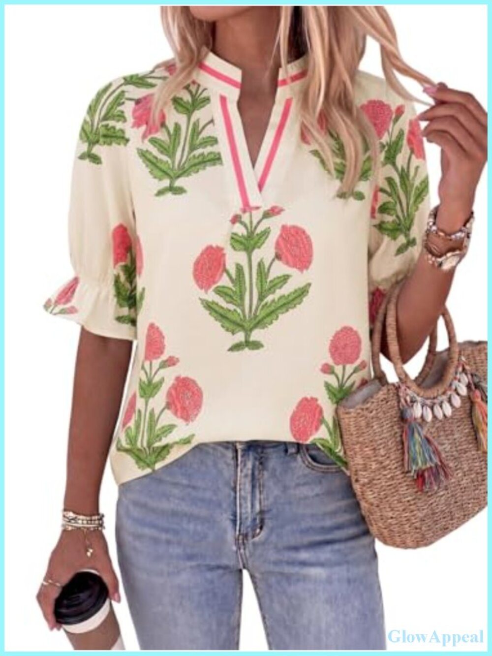 Women's Floral Boho Blouse Puff Ruffle Sleeve V-Neck Summer Casual Top